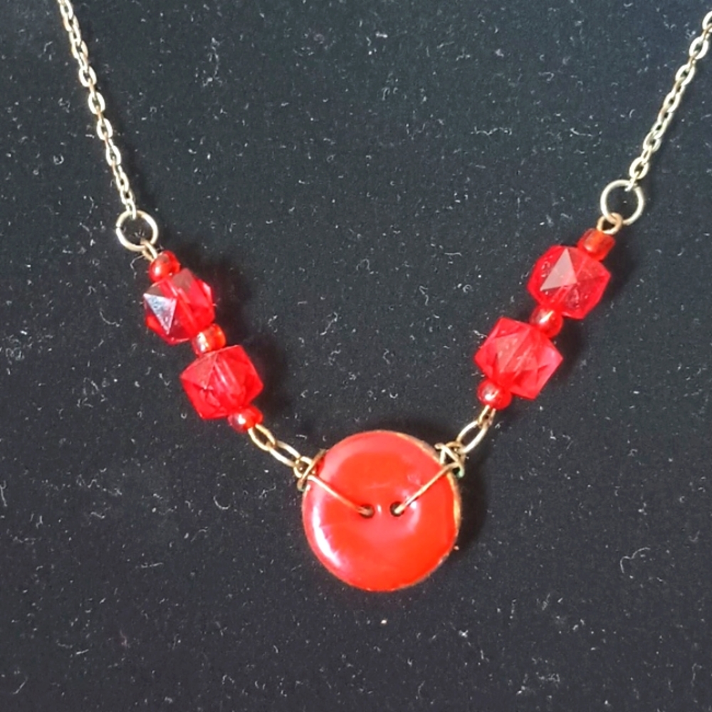 Handmade silver and red button necklace